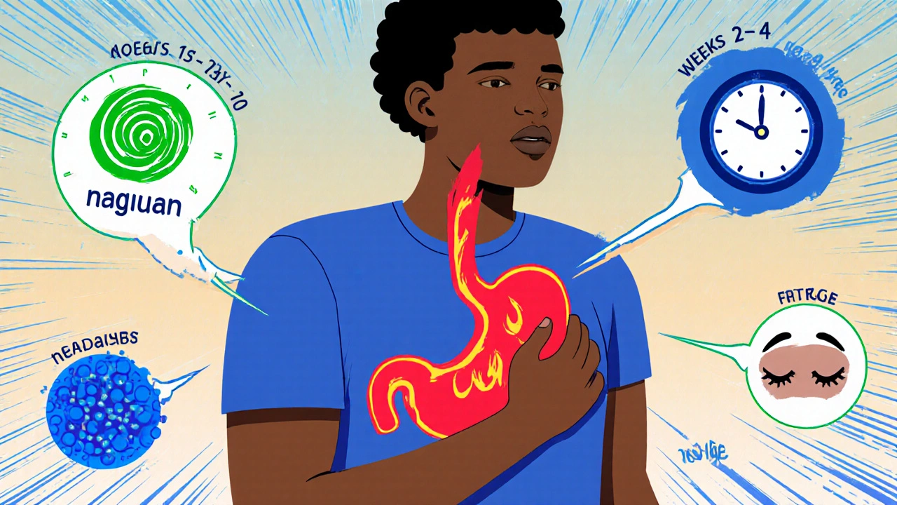 A person experiences reflux, nausea, and headache over a timeline with clocks and flame graphics.