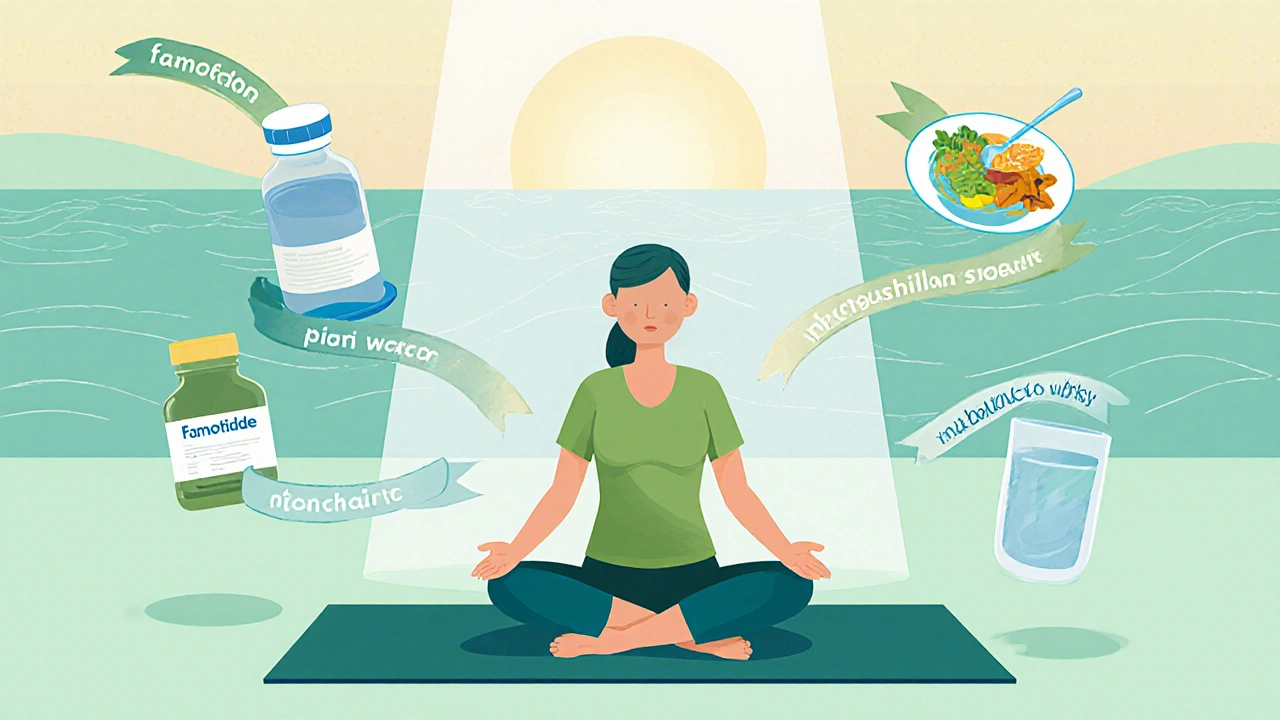 A person practices yoga, drinks water, and holds a famotidine bottle to manage withdrawal.