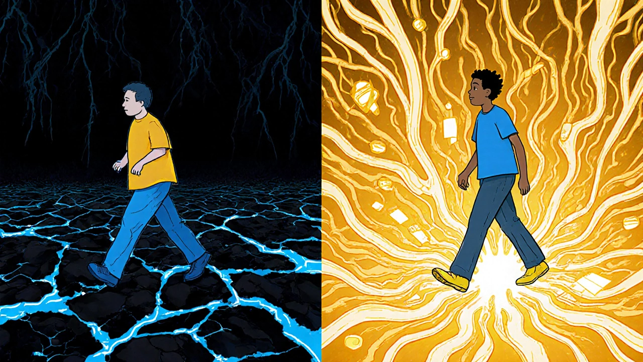 A person walking along crumbling nerve paths vs. glowing protected axons, symbolizing neuroprotection in MS.