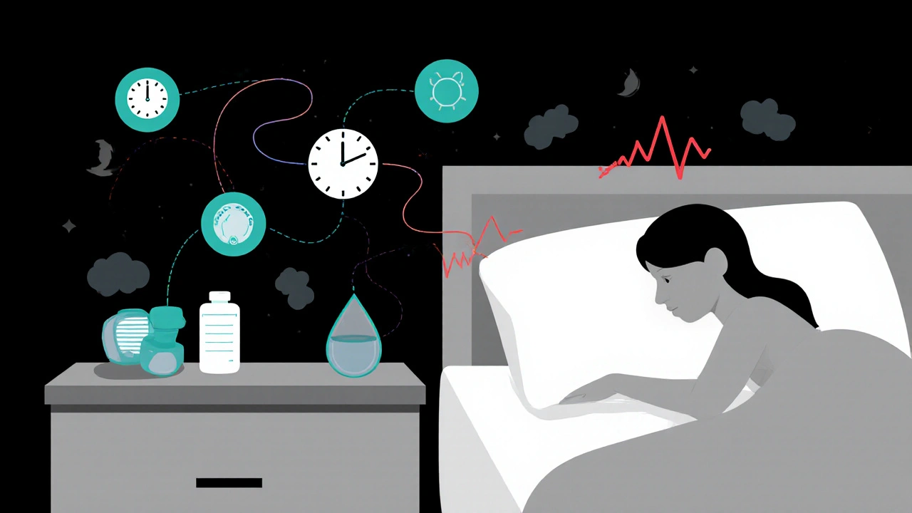 Bedside checklist icons for sleep tips beside a sleeping figure, with subtle red pulse line.