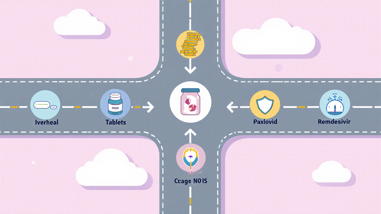 Branching road diagram with medication icons and symbols for cost, safety, and dosage.