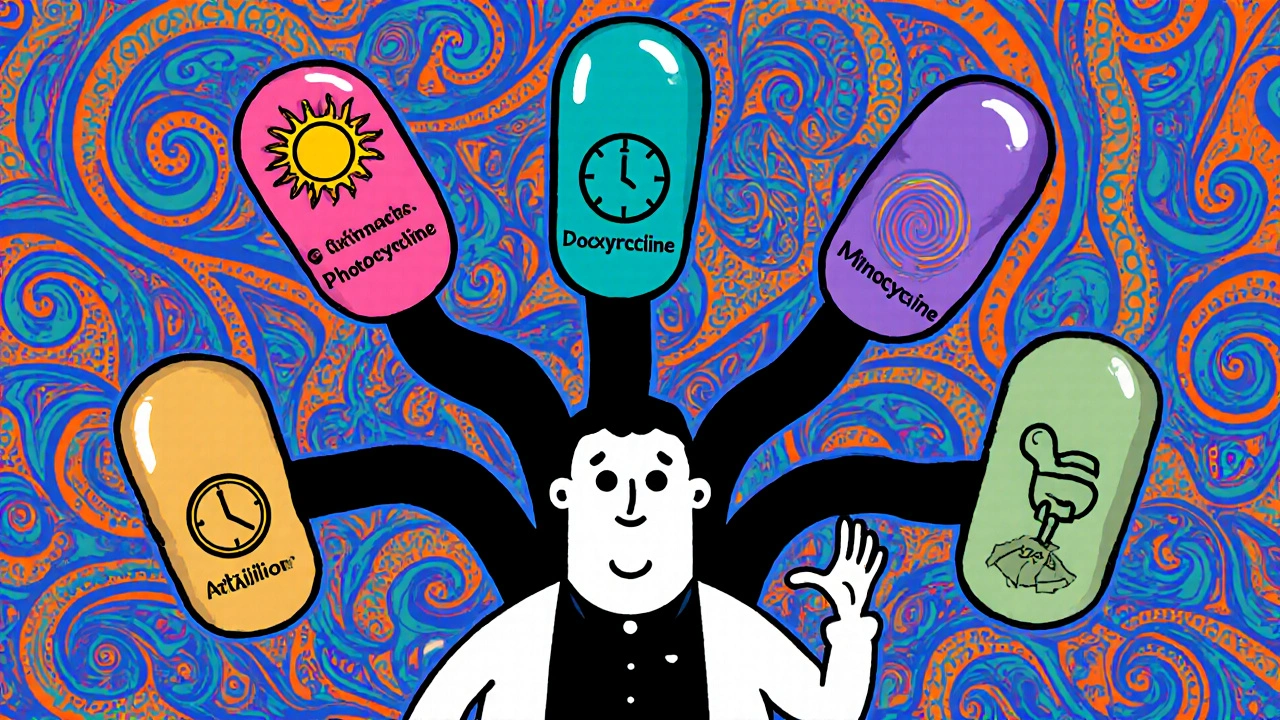 Cartoon doctor pointing to branching psychedelic paths leading to different antibiotic pills.