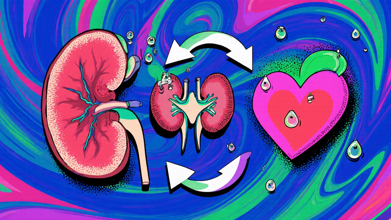 Cartoon organs (liver, kidney, heart) linked by arrows showing alcohol causing fluid leakage.