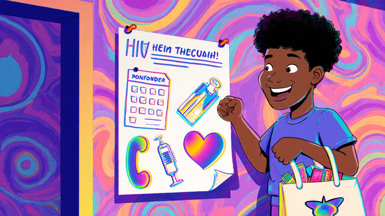 Checklist of safe‑sex practices with icons on a vibrant, cartoonish clinic wall.