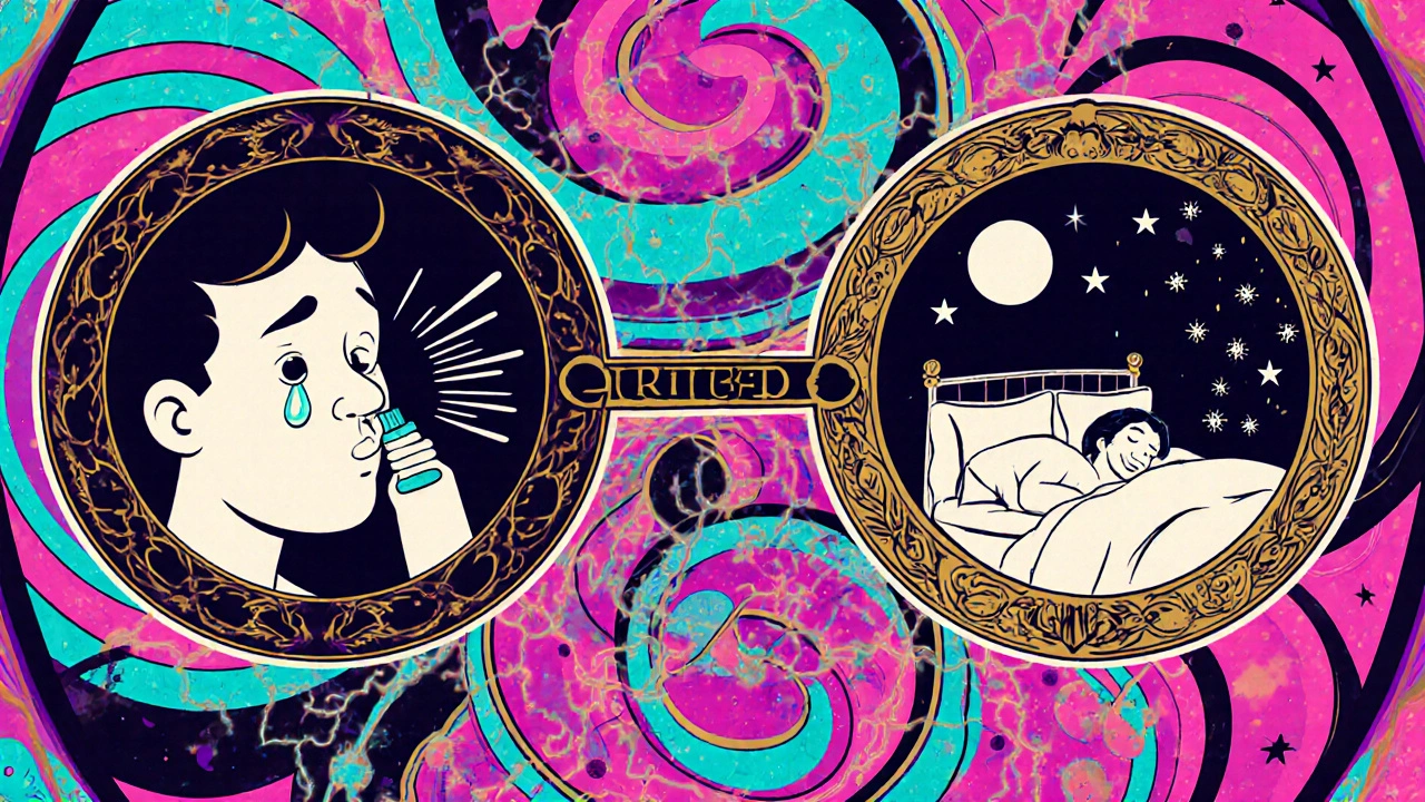 Circular timeline showing allergy symptoms transforming into peaceful sleep through olopatadine treatment in psychedelic art style.