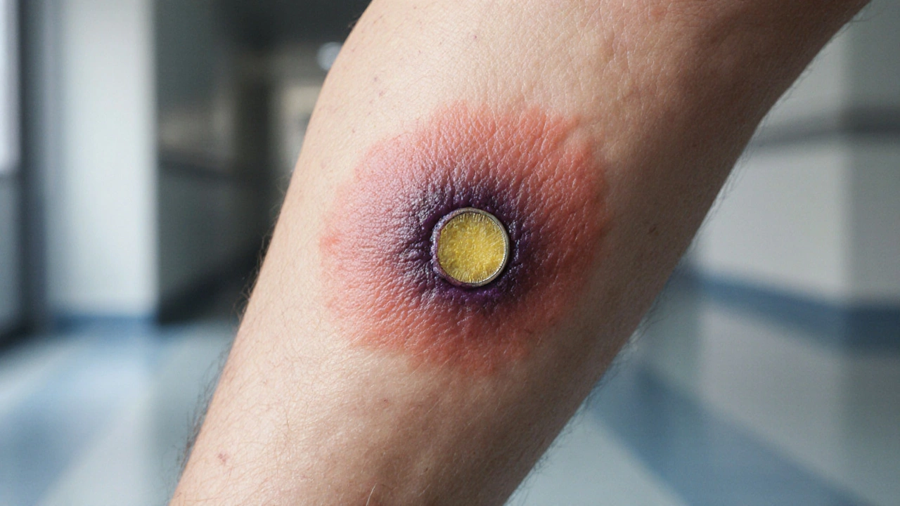 Close-up of a painful purple‑bordered ulcer on a shin.