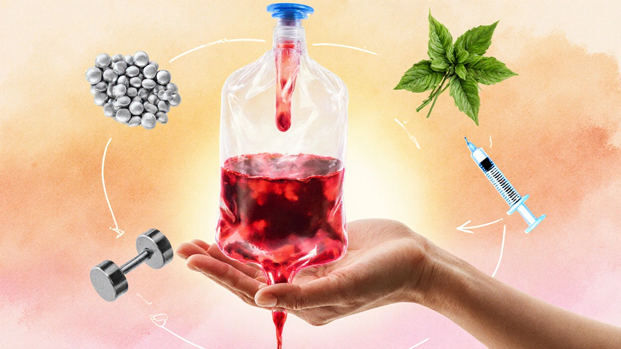 Collage of blood bag, iron tablets, leafy vegetables, and exercise icons representing anemia management.