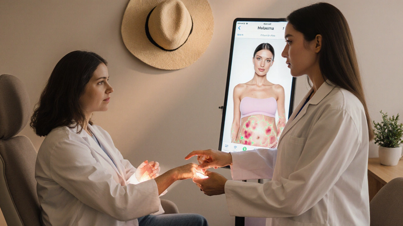 Concept art of a dermatologist consulting a pregnant patient about melasma.