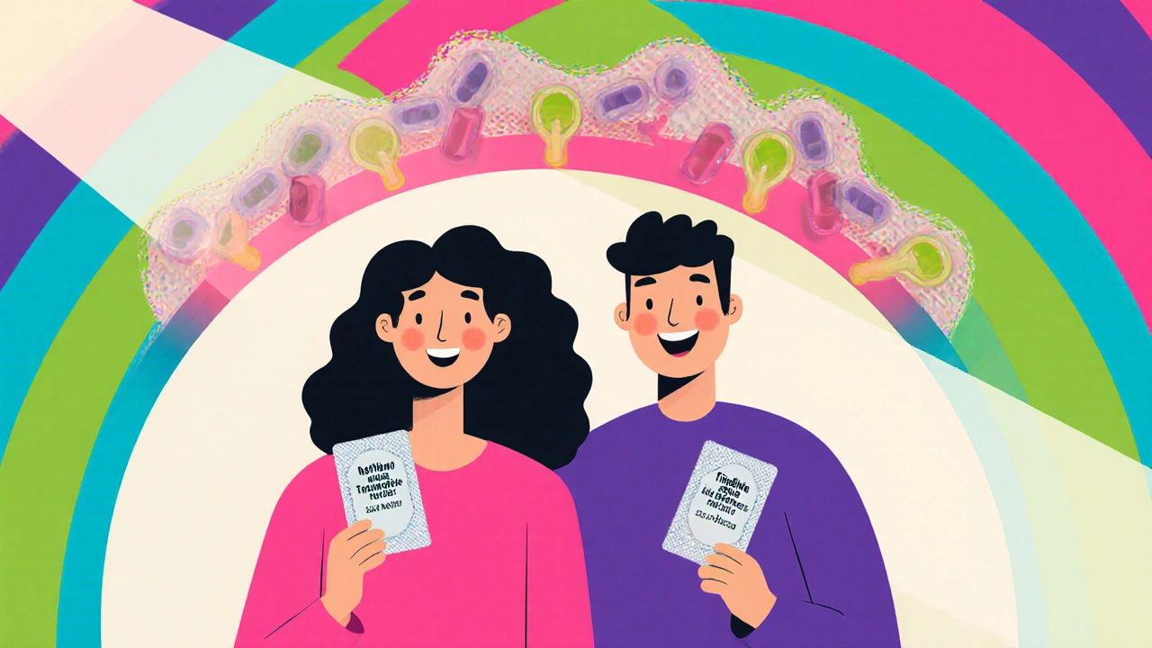 Couple holding antibiotic packets and a large condom, illustrating treatment and prevention.