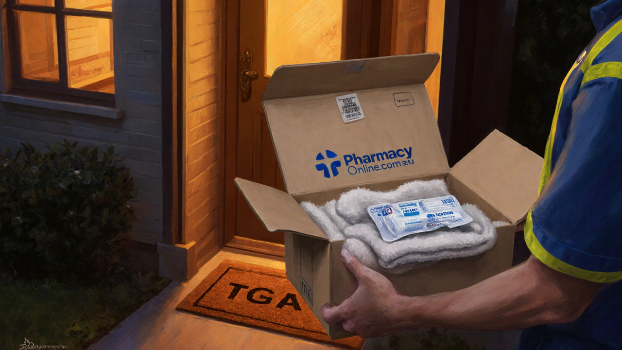 Courier delivering a package with Levaquin tablets to an Australian home at dusk.