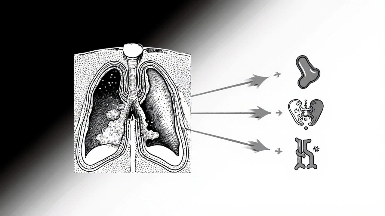 Cross‑section of sinuses and lungs showing inflammation spreading to airway.