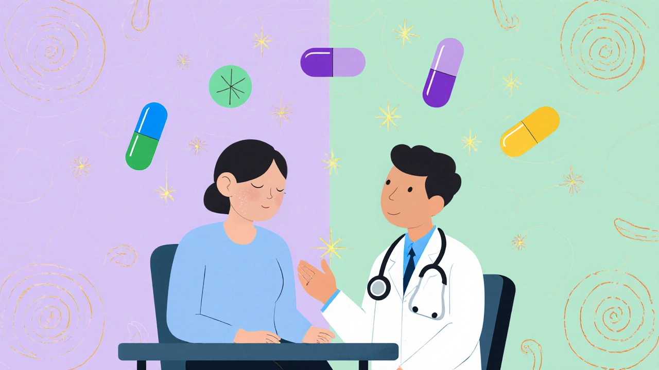 Doctor and patient discuss alternative blood‑pressure pills, with ear relief and soft pastel background.