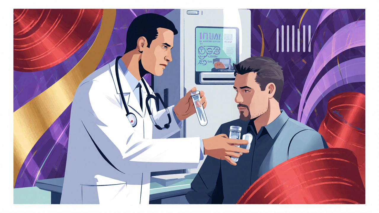 Doctor collecting a urine sample from a patient with a PCR machine in the background.