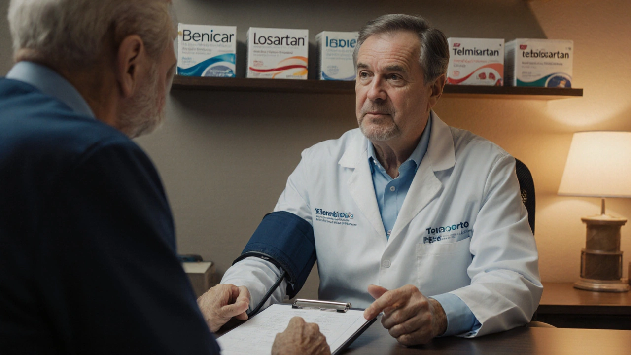 Doctor discussing medication options with an older patient using a blood‑pressure cuff.