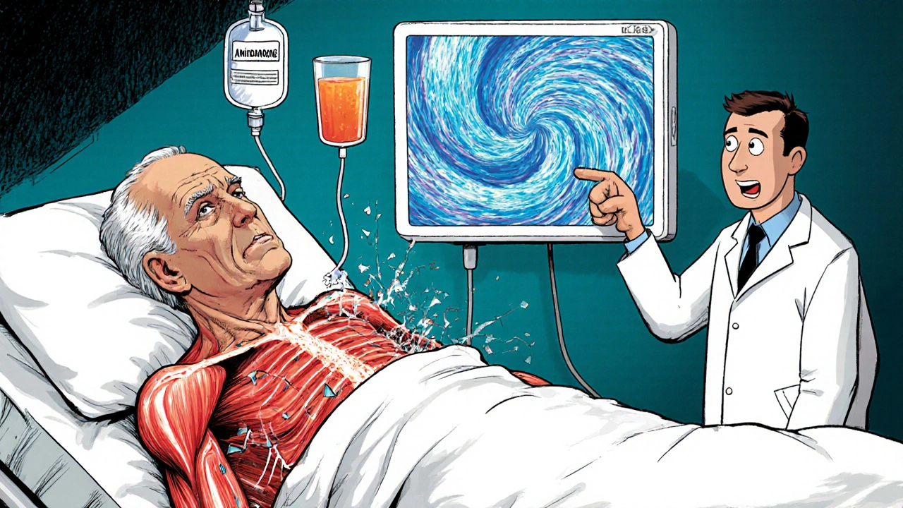 Elderly patient with translucent muscles breaking down, surrounded by dangerous medications and rising CK levels.