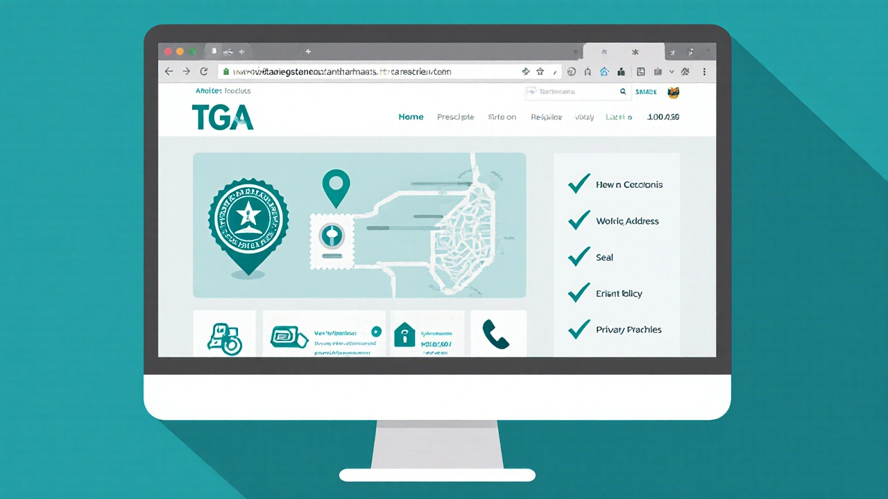 Flat‑design illustration of a verified online pharmacy page with seal and address icons.