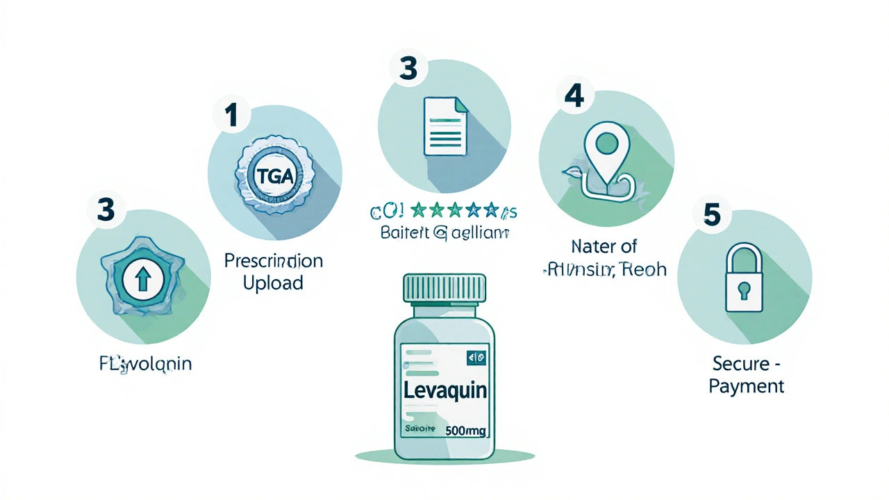 Flat illustration of five‑step safety checklist for buying generic Levaquin online.