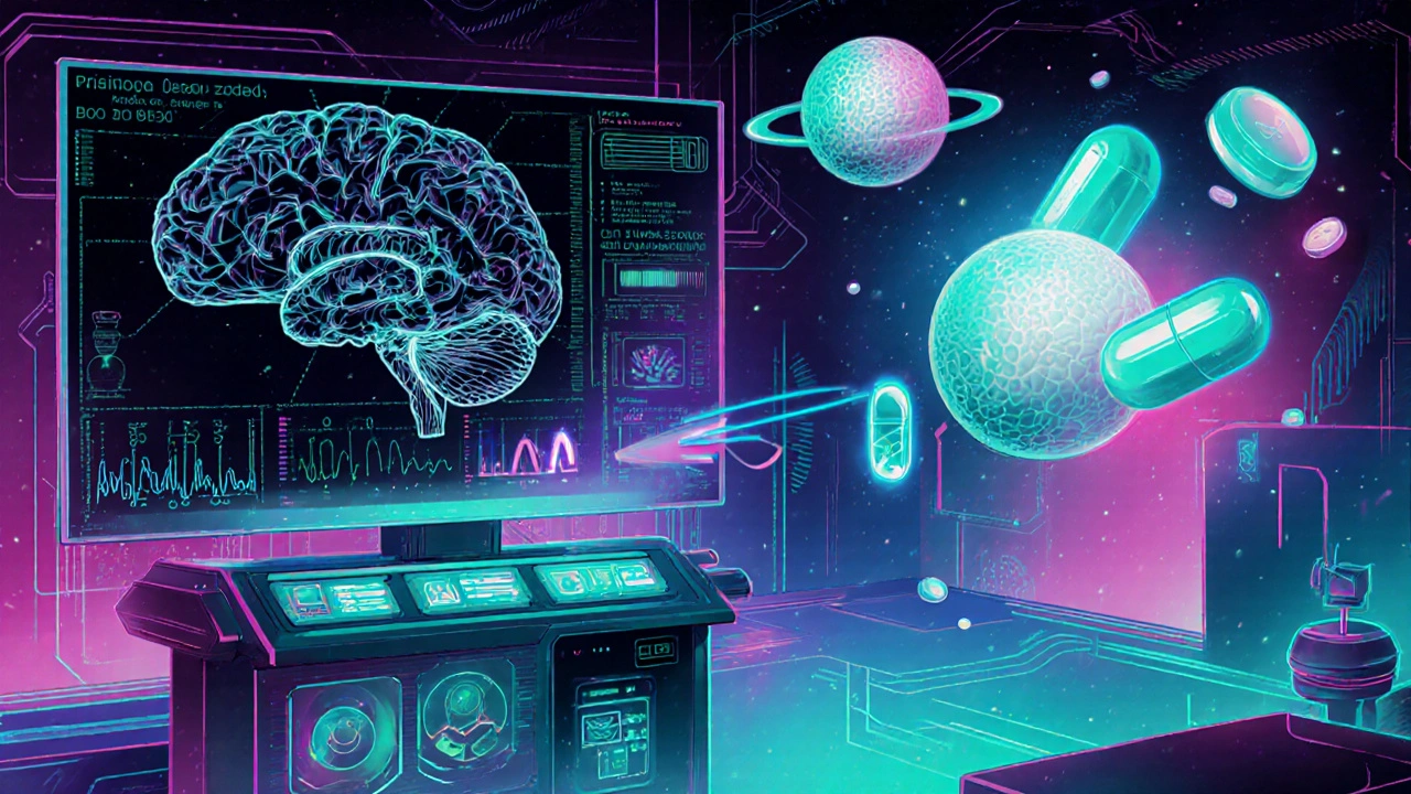 Futuristic brain map with DNA and drinking patterns analyzed, glowing pills floating like planets in a cosmic lab scene.