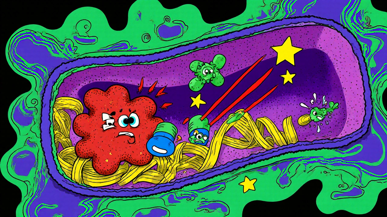 Illustrated airway cross-section showing fluticasone binding receptors and salmeterol relaxing smooth muscle.