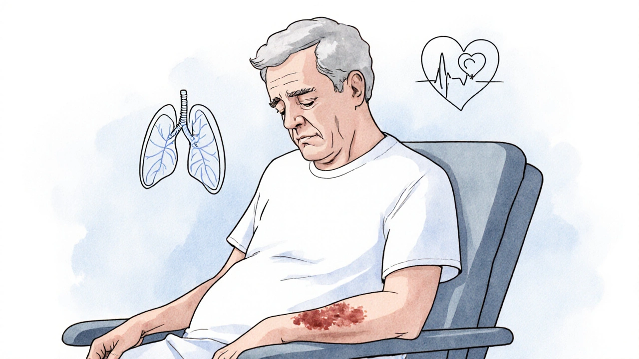 Illustration of a tired, pale adult with bruising, depicting fatigue and shortness of breath.