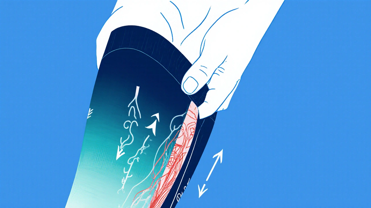 Illustration of compression socks on a leg showing graduated pressure and fluid flow.