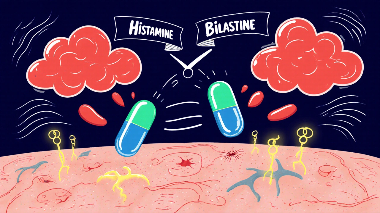 Illustration of mast cells releasing histamine blocked by blue-green Bilastine molecules at H1 receptors.