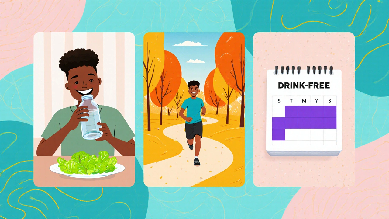 Lifestyle scene with water, salad, walking, and a calendar highlighting drink‑free days.