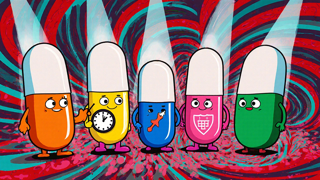 Lineup of animated antibiotic pills each with symbols for dosing, strength, and use.