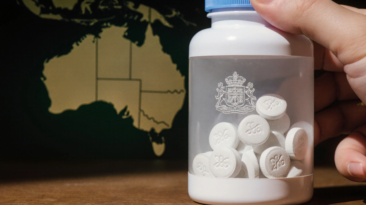 Macro view of a generic Allegra bottle with white tablets and subtle Australian backdrop.