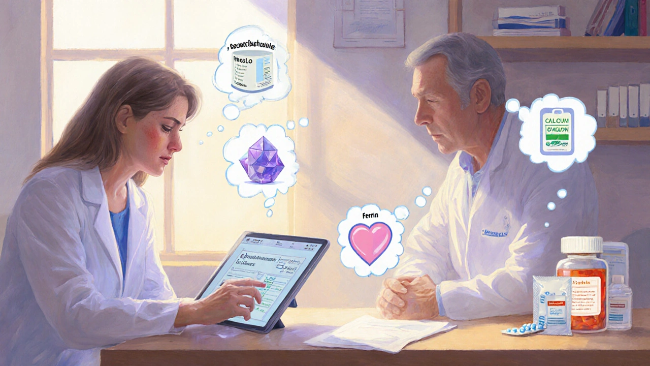 Nephrologist and patient discussing lab results, surrounded by highlighted binder pills and decision icons.