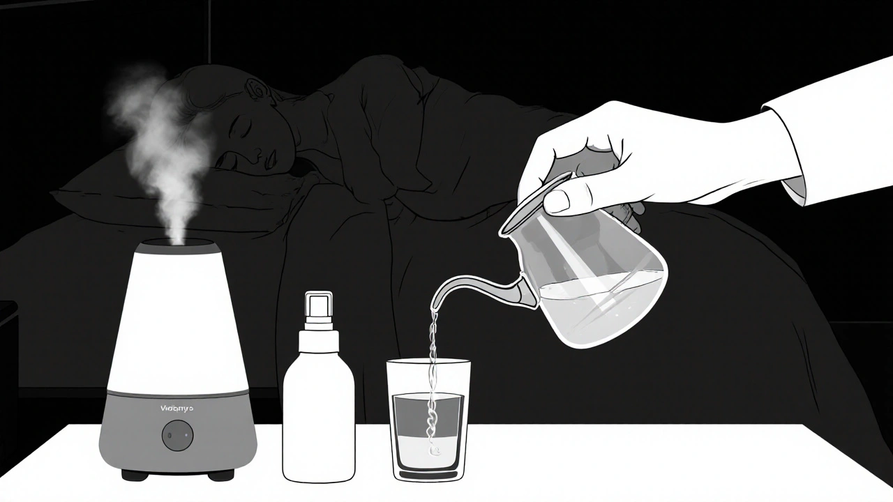 Nighttime scene with neti pot, nasal spray, inhaler, water, and humidifier for airway care.