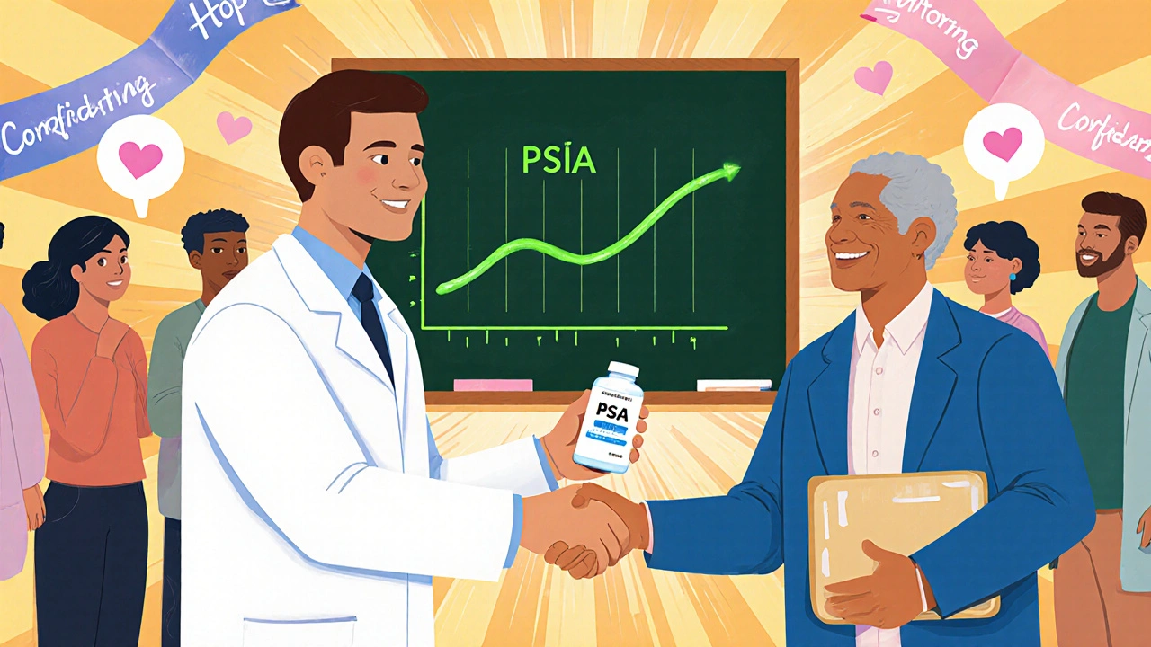 Oncologist and patient with declining PSA chart and supportive group in bright illustration.
