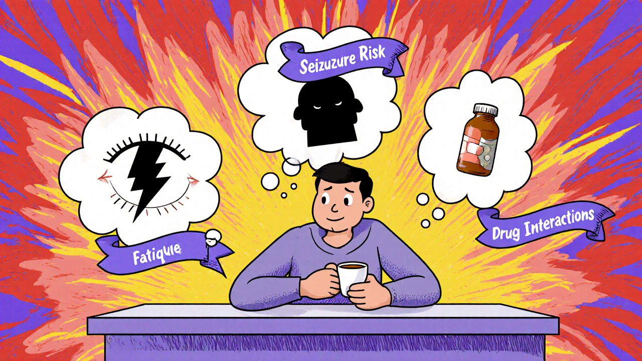 Patient at table with icons for fatigue, seizures, and drug interactions in cartoon style.