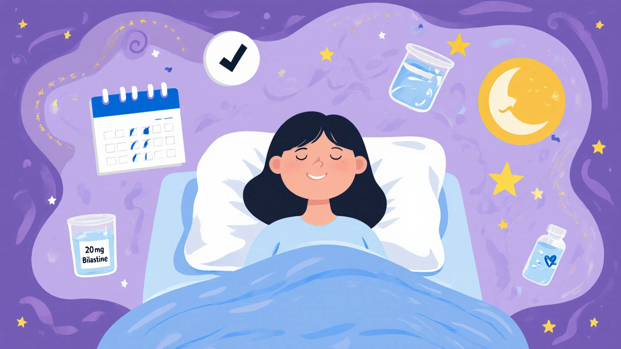 Patient sleeping peacefully with floating icons of a calendar, pill bottle, and moon, showing relief.