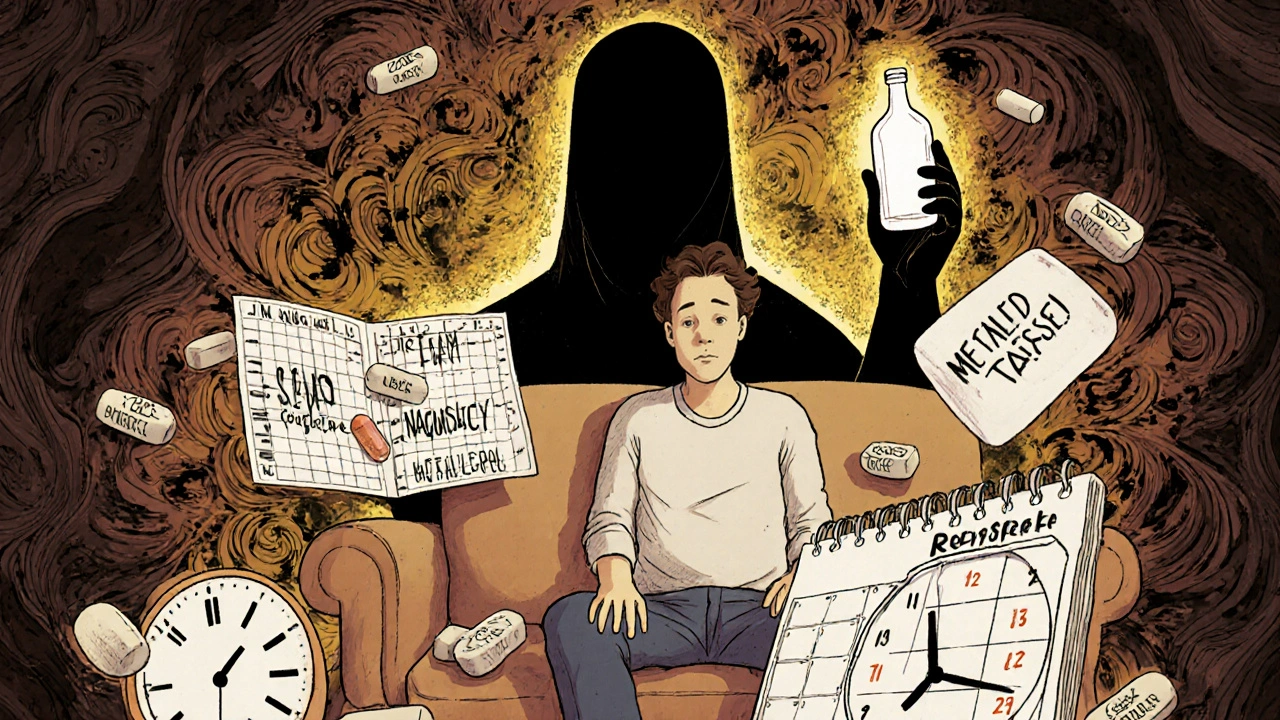 Patient surrounded by floating pills with side effects, a clock and looming relapse shadow in a warped, colorful illustration.