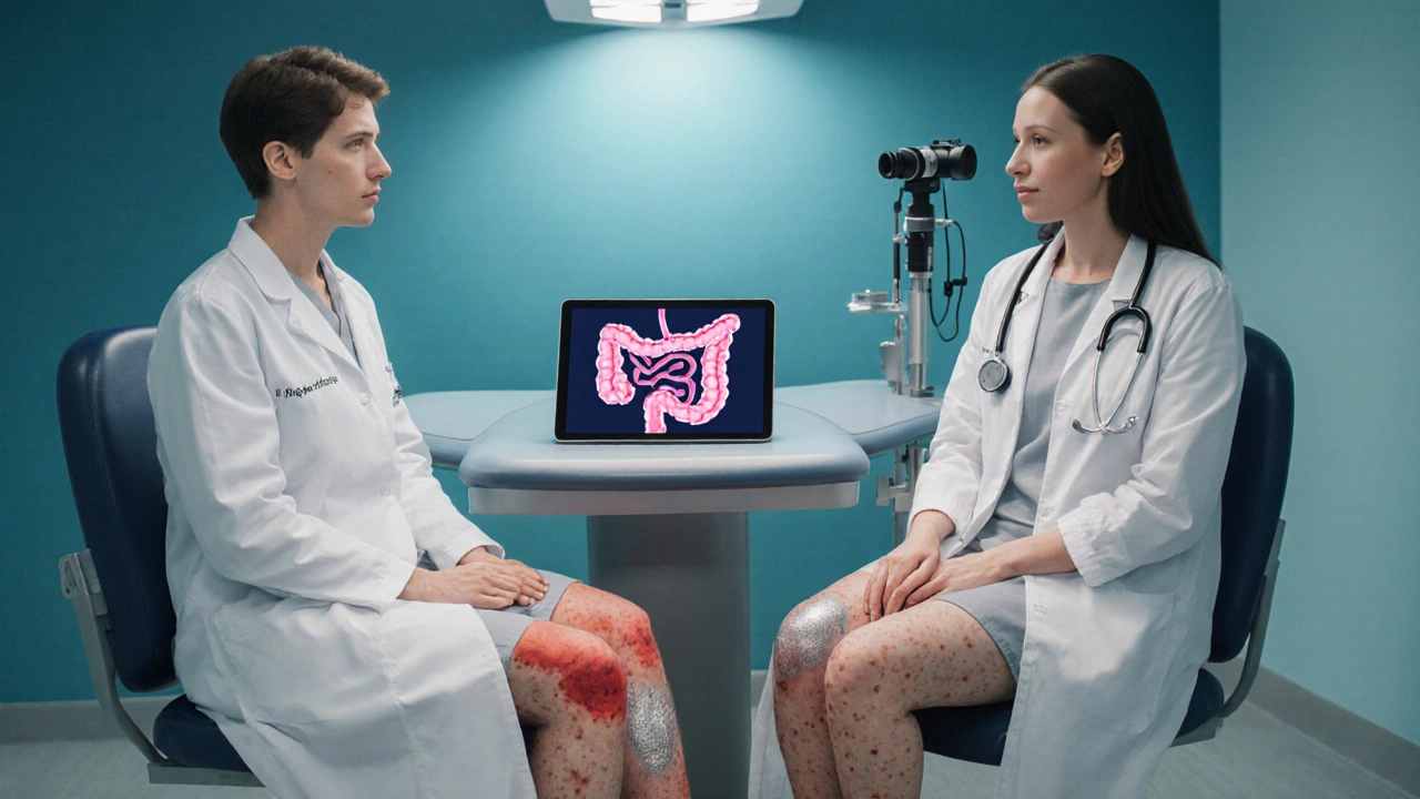 Patient with skin rashes discussing care with a gastroenterologist and dermatologist.