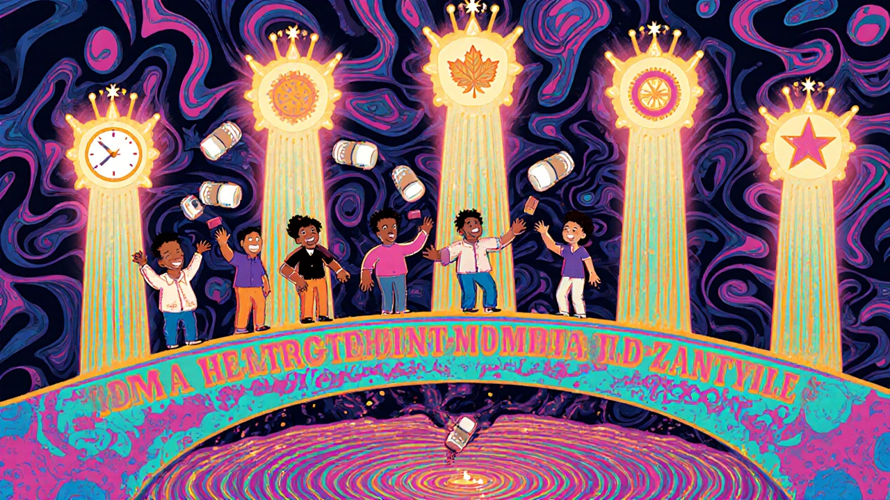 People throwing away Zantac into a vortex as five safe alternatives rise as glowing pillars in psychedelic style.