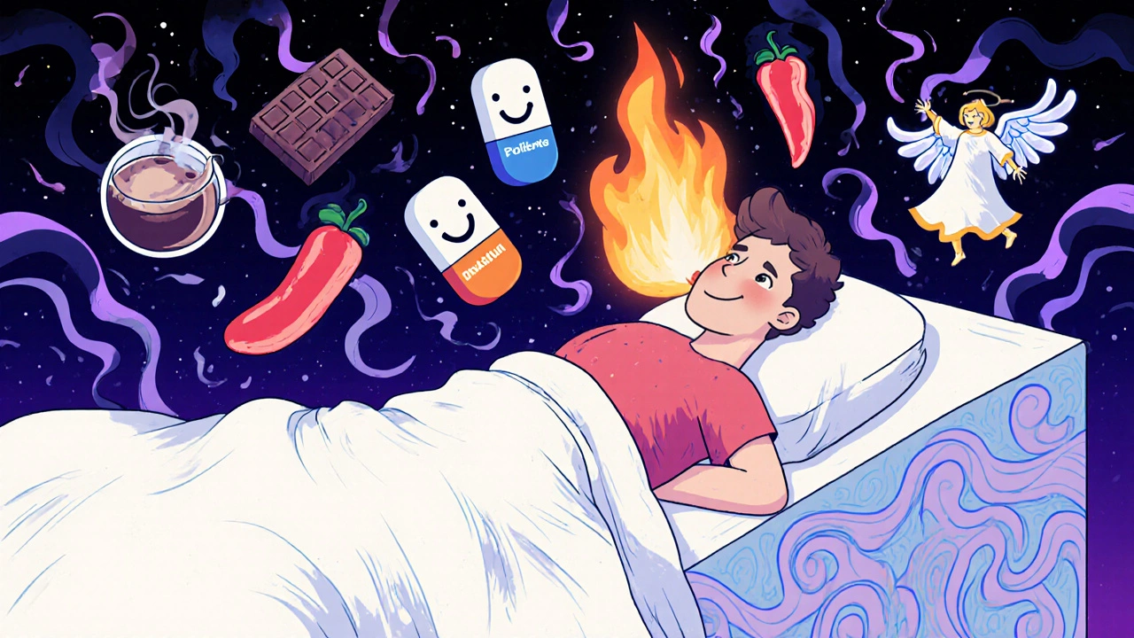 Person with heartburn at night, protected by famotidine and omeprazole tablets, food triggers dissolving into smoke.