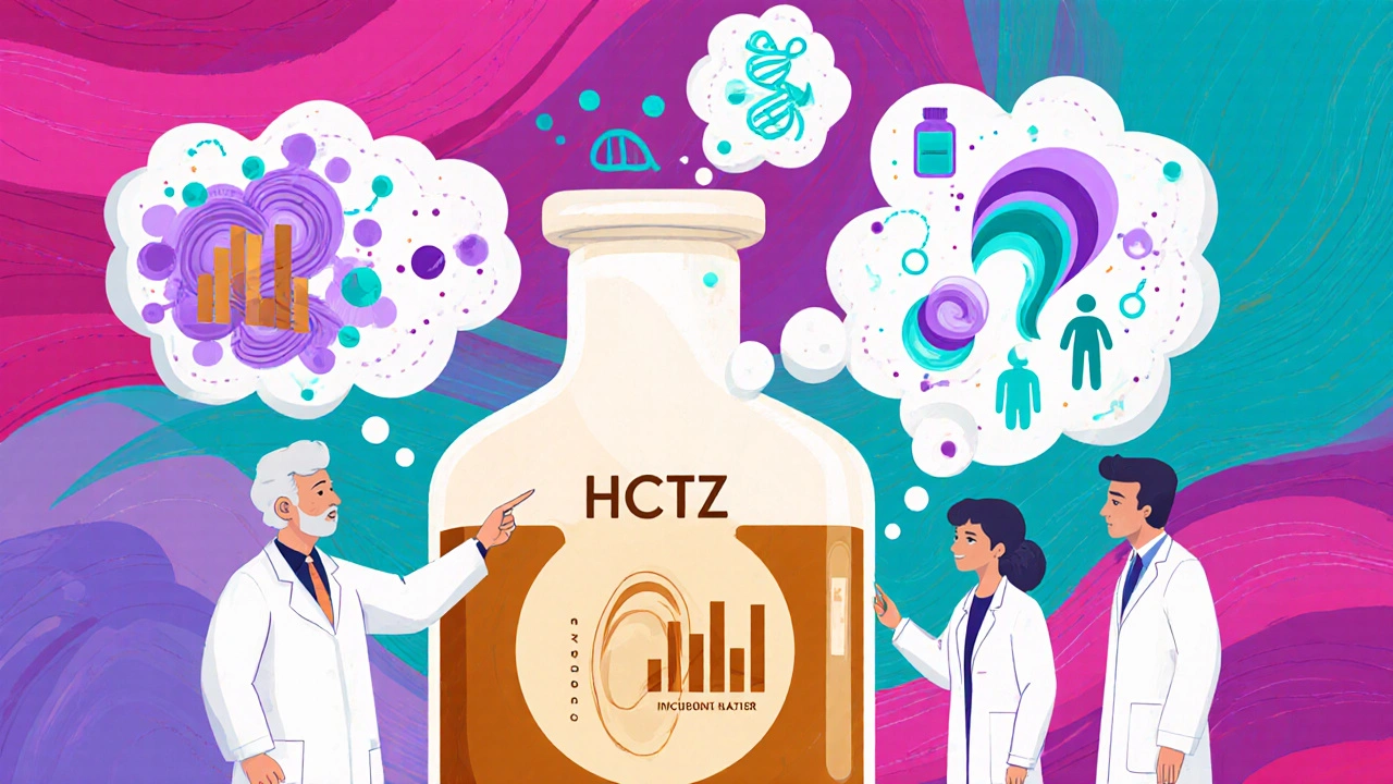 Researchers examine a glowing vial with abstract charts and ear-shaped thought bubble showing risk icons.
