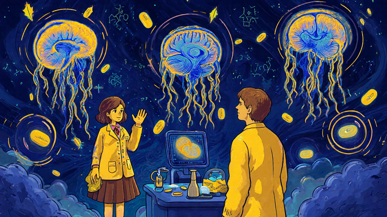 Scientists observing floating brain scans as amiloride pills dissolve into protective tendrils in a psychedelic lab.