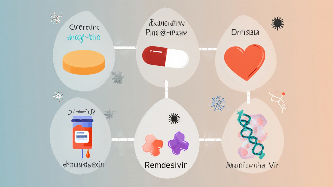 Six medication icons arranged in a circle, each with distinct colors and subtle mechanism symbols.