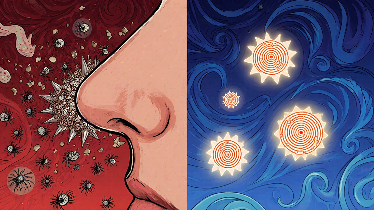 Split illustration of dust mite allergens attacking nasal tissue vs. olopatadine molecules blocking histamine with glowing patterns.