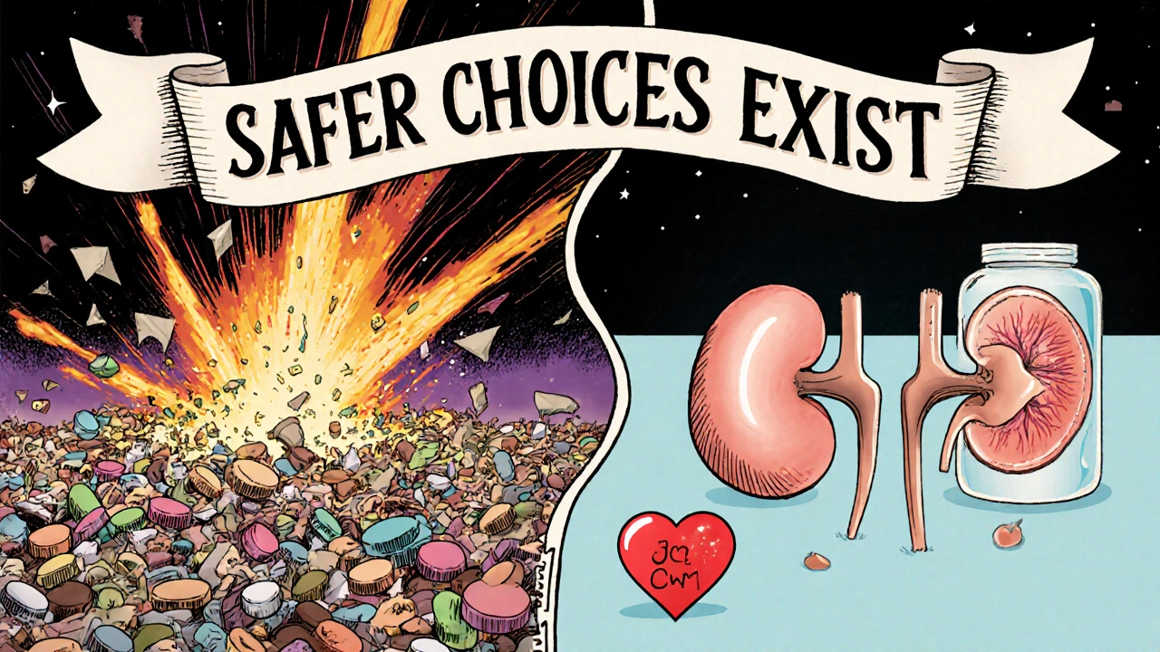Split scene: chaotic drug interactions vs. safe statin alternatives in vibrant psychedelic style.