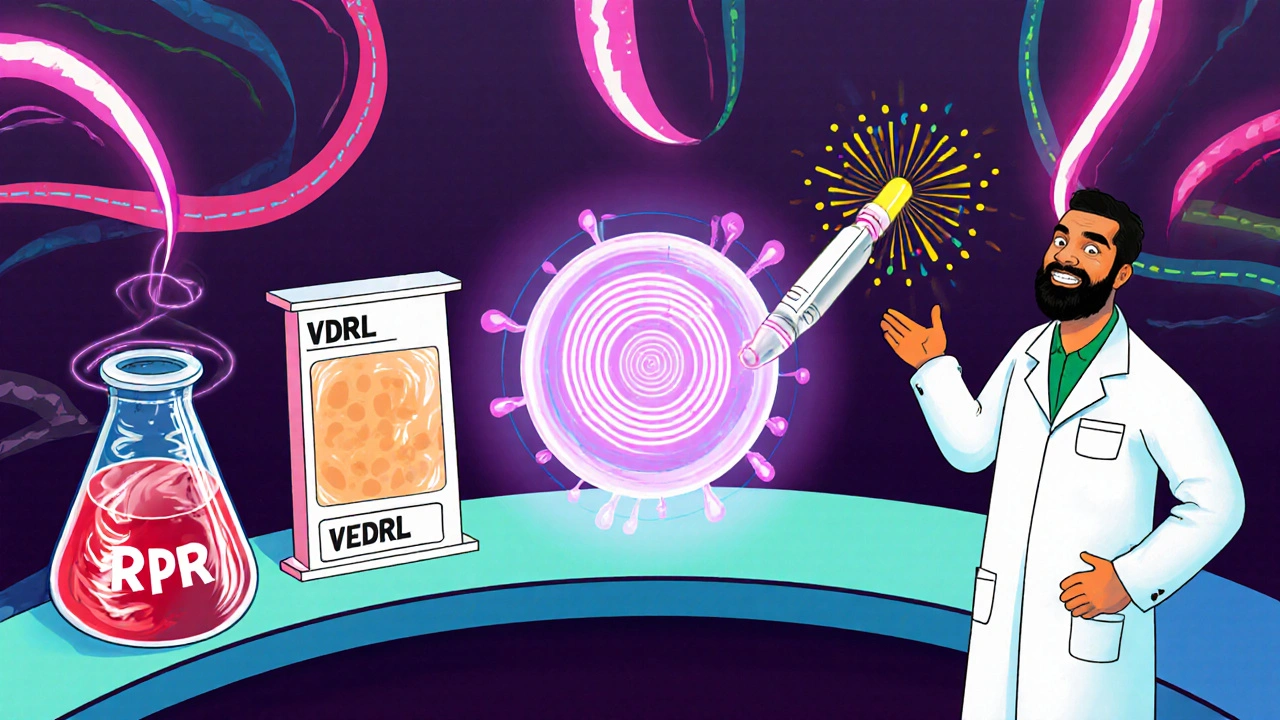 Three syphilis test types displayed on a lab bench with exaggerated, swirling visuals.