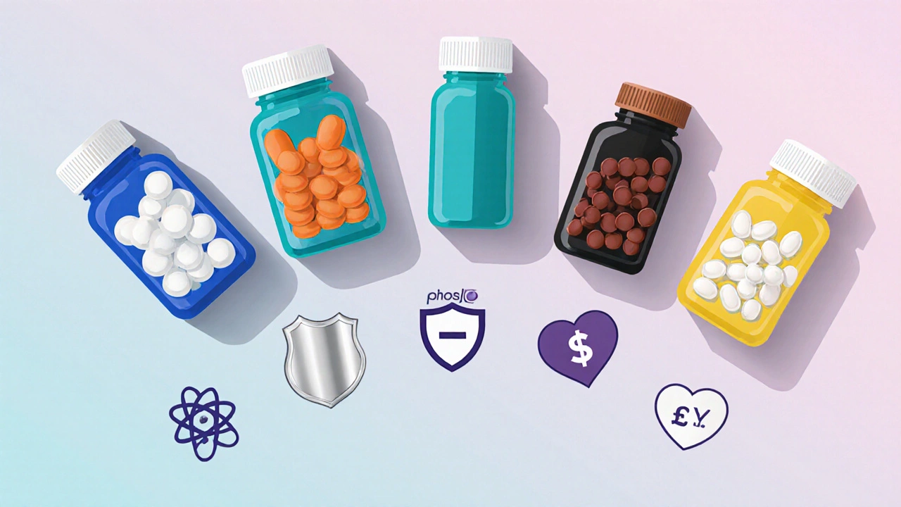 Top‑down illustration of six phosphate binder bottles with icons for calcium, cost, pill count and benefits.