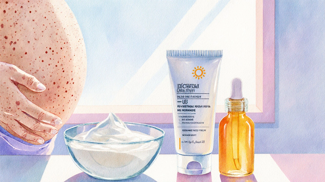 Watercolor scene of sunscreen, moisturizer, cleanser, and vitamin C serum on a vanity.