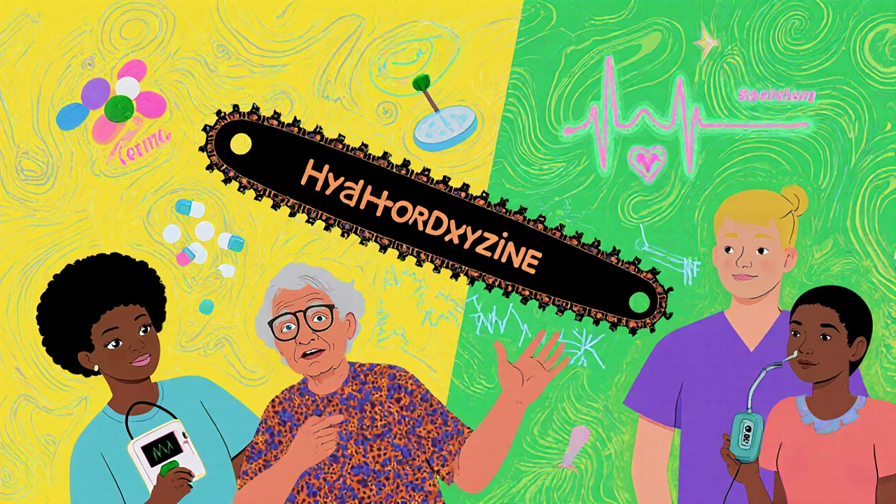 A chainsaw labeled Hydroxyzine hovering over patients, with safer alternatives glowing nearby in vibrant art style.