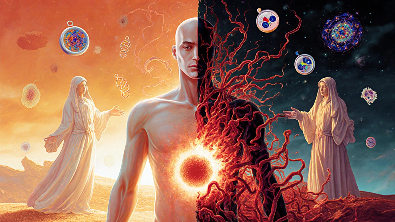 A patient’s body as a landscape with healthy and cancerous zones, neutralized by alpelisib and fulvestrant figures in flowing robes.