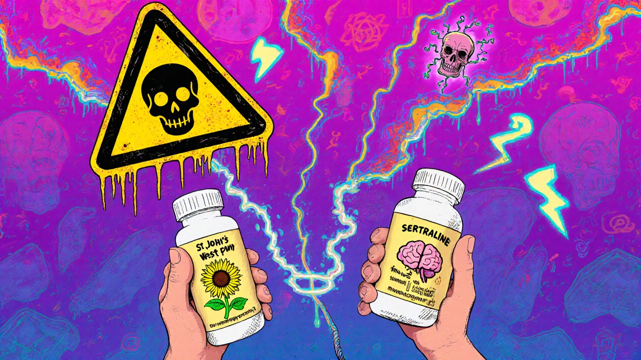 A person holding herbal and antidepressant bottles connected by sparking serotonin wires