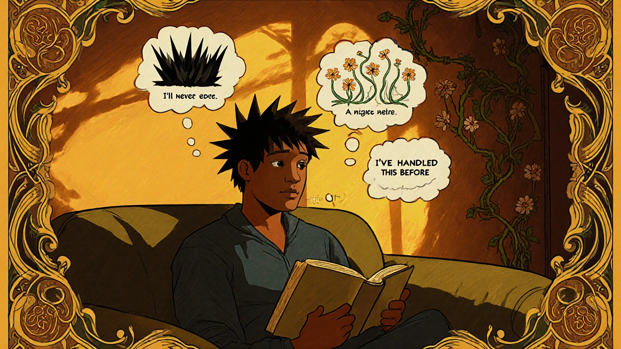 A person journaling as dark thought bubbles transform into blooming vines, symbolizing cognitive restructuring in warm, flowing illustration style.